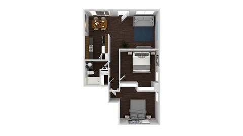 A 3D rendered image of a small apartment layout.